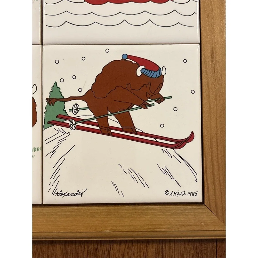 Vintage 1985 AM&As Buffalo Ceramic Tile Wall Art 4 Tile Framed Alexander Buffalo
